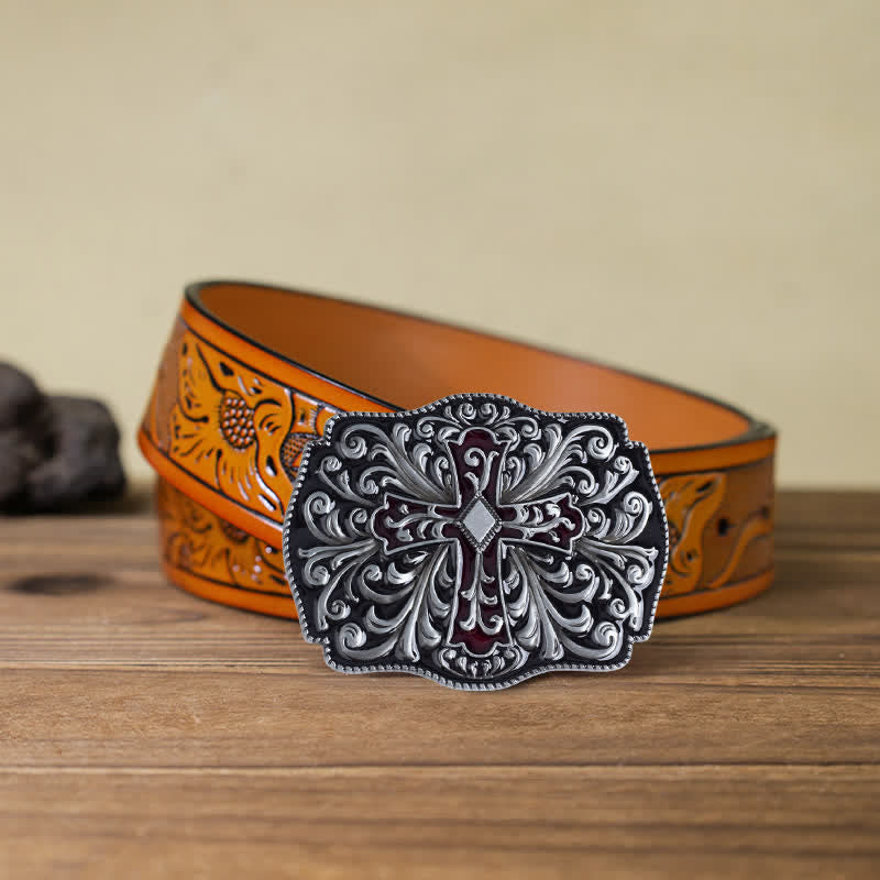 Cinturón de cuero con hebilla cruzada de esmalte rojo para hombre hecho a mano