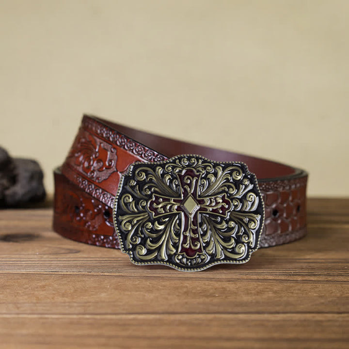 Cinturón de cuero con hebilla cruzada de esmalte rojo para hombre hecho a mano