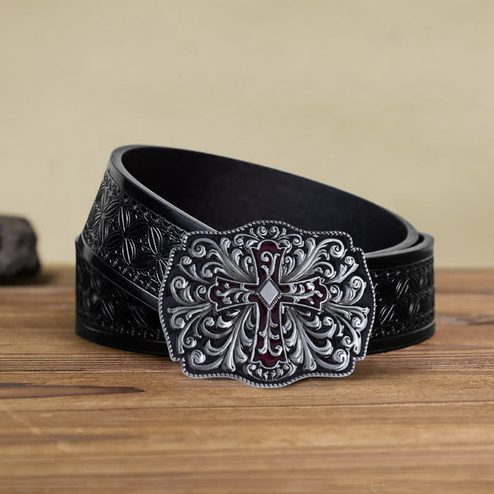 Cinturón de cuero con hebilla cruzada de esmalte rojo para hombre hecho a mano