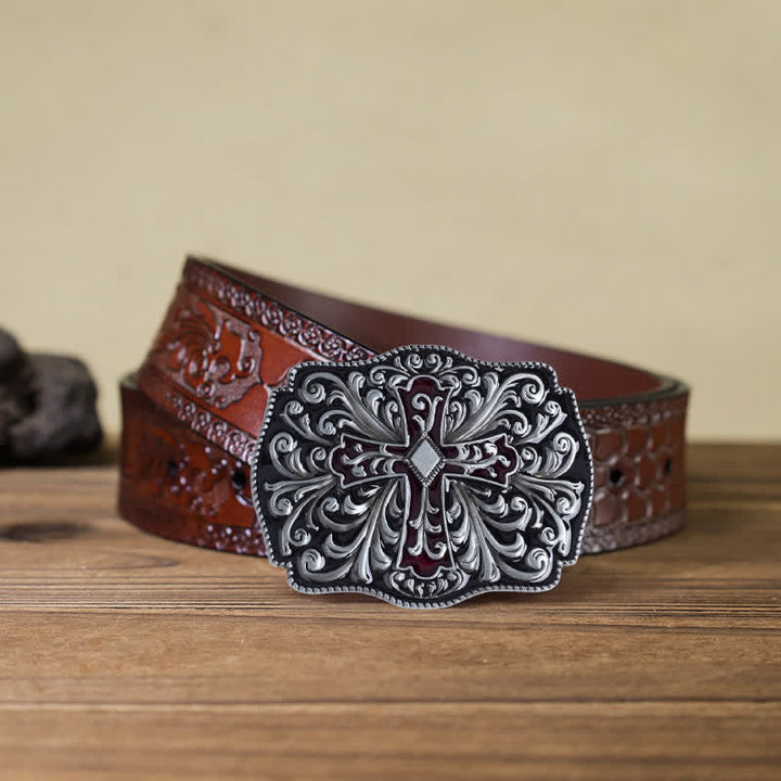 Cinturón de cuero con hebilla cruzada de esmalte rojo para hombre hecho a mano