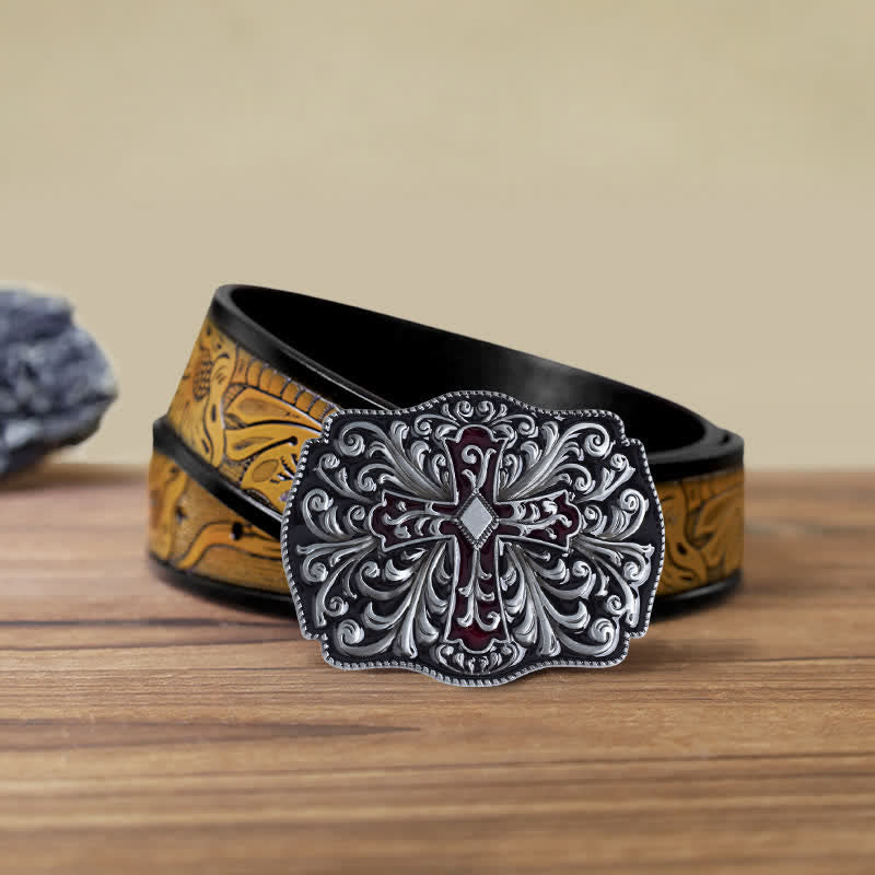 Cinturón de cuero con hebilla cruzada de esmalte rojo para hombre hecho a mano
