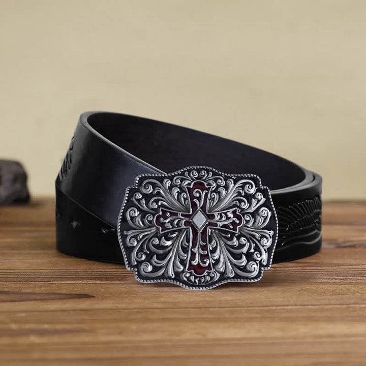 Cinturón de cuero con hebilla cruzada de esmalte rojo para hombre hecho a mano