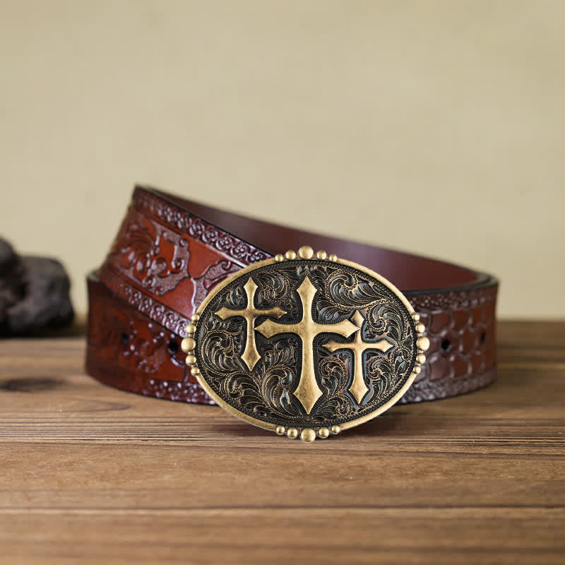 Cinturón de cuero con hebilla de tres cruces para hombre hecho a mano