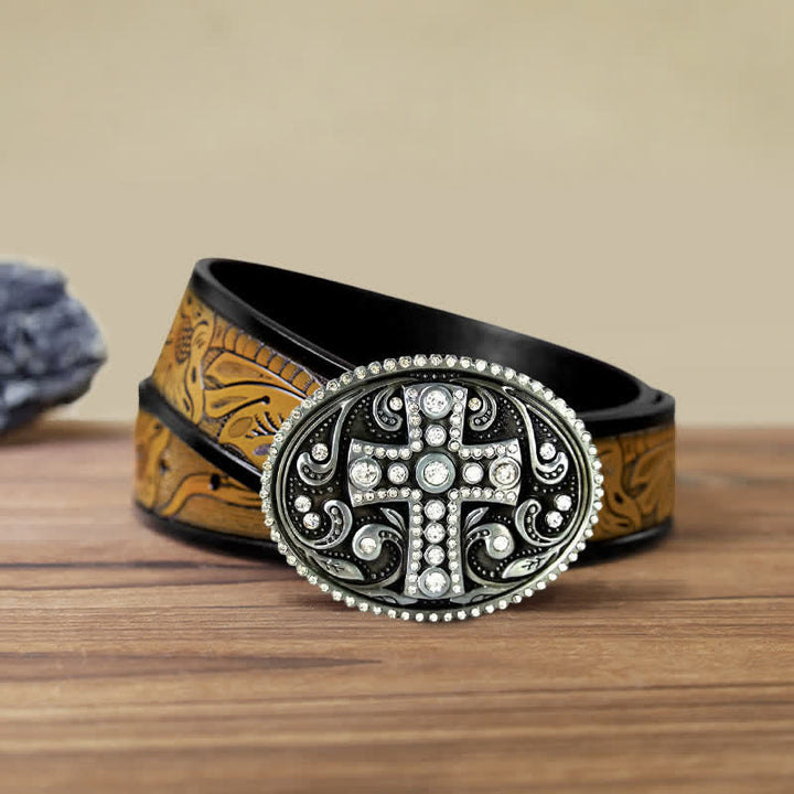 Cinturón de cuero con hebilla cruzada de diamantes de imitación de cristal para hombre