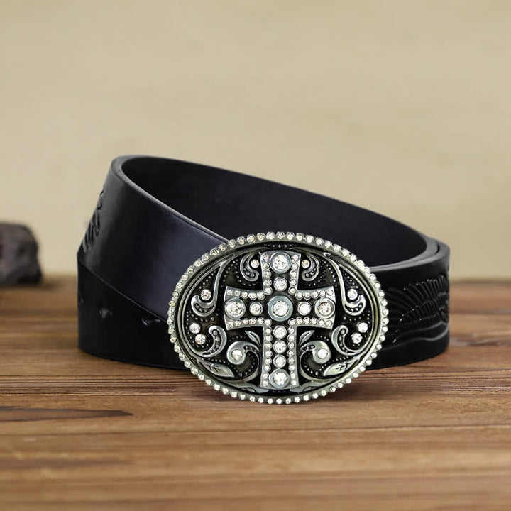 Cinturón de cuero con hebilla cruzada de diamantes de imitación de cristal para hombre