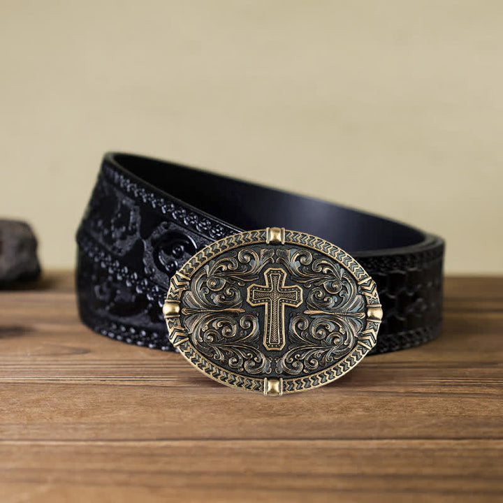 Cinturón de cuero con hebilla de cruz central para hombre DIY