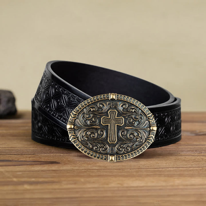 Cinturón de cuero con hebilla de cruz central para hombre DIY