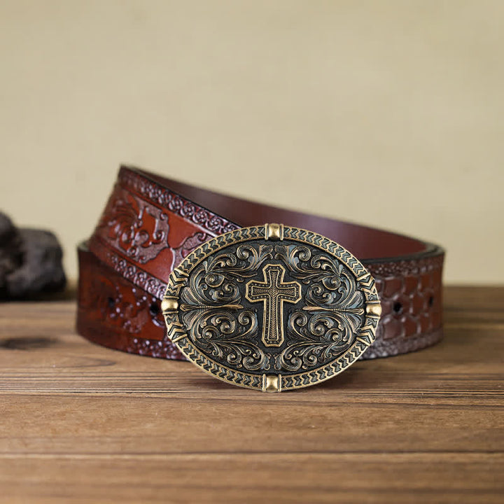 Cinturón de cuero con hebilla de cruz central para hombre DIY