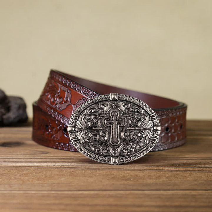 Cinturón de cuero con hebilla de cruz central para hombre DIY