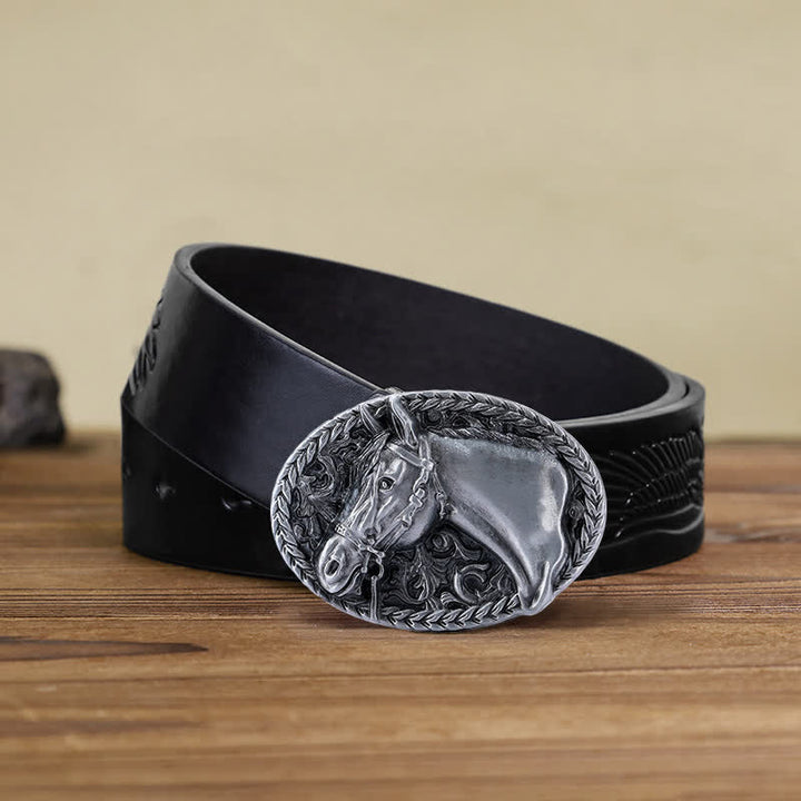 Cinturón de cuero con hebilla de cabeza de caballo grabada para hombre