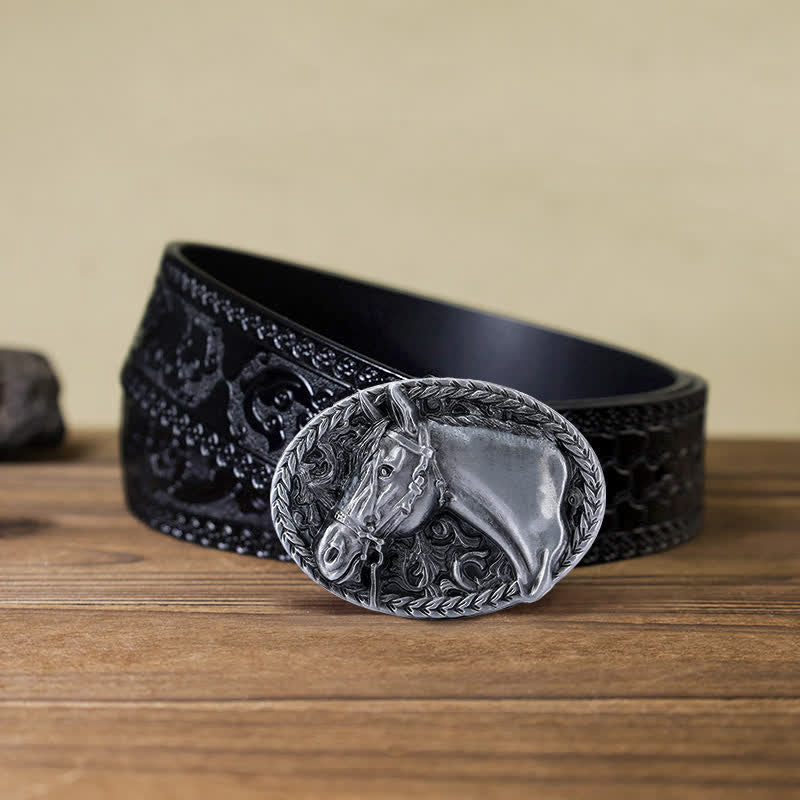 Cinturón de cuero con hebilla de cabeza de caballo grabada para hombre
