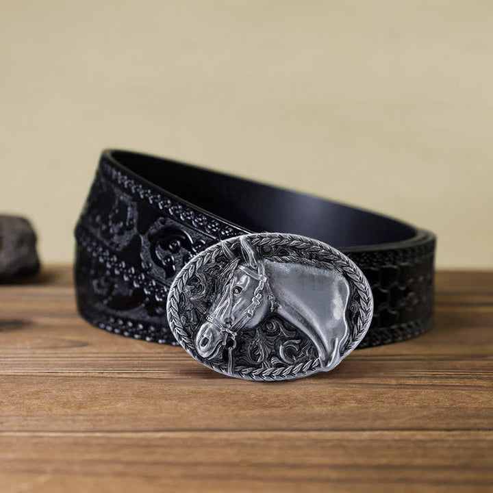 Cinturón de cuero con hebilla de cabeza de caballo grabada para hombre
