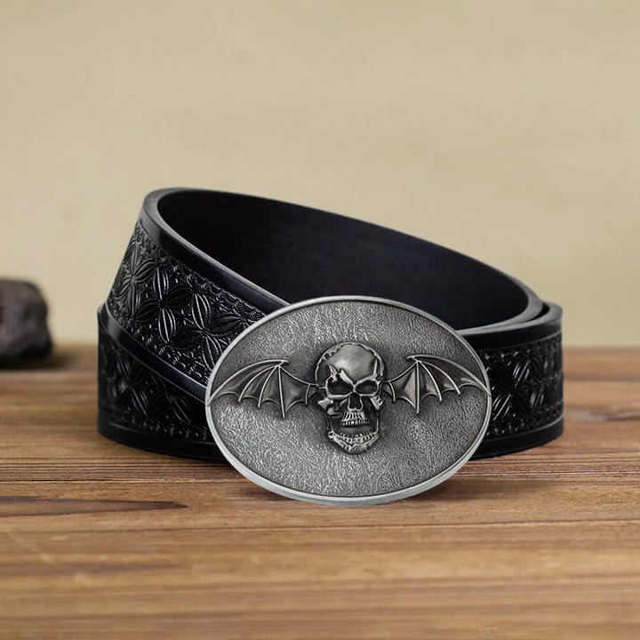 Cinturón de cuero con hebilla de calavera y alas de murciélago estilo punk para hombre