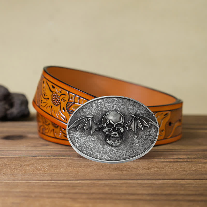 Cinturón de cuero con hebilla de calavera y alas de murciélago estilo punk para hombre