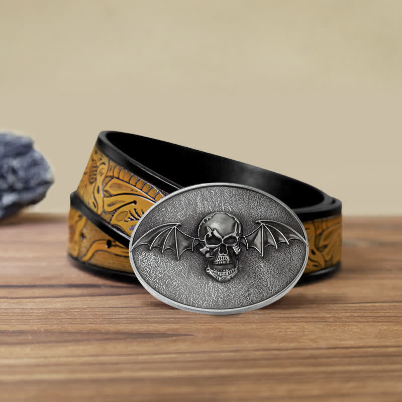 Cinturón de cuero con hebilla de calavera y alas de murciélago estilo punk para hombre