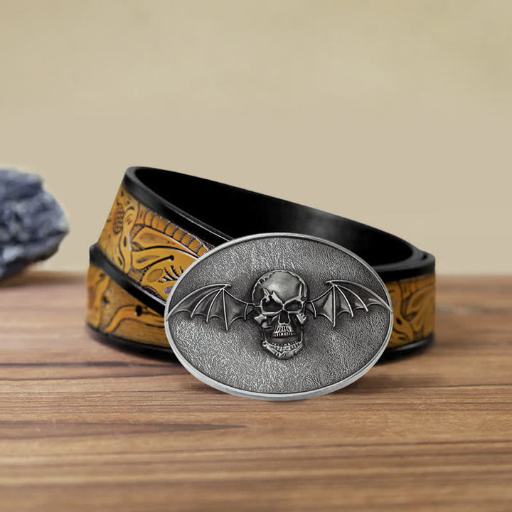 Cinturón de cuero con hebilla de calavera y alas de murciélago estilo punk para hombre