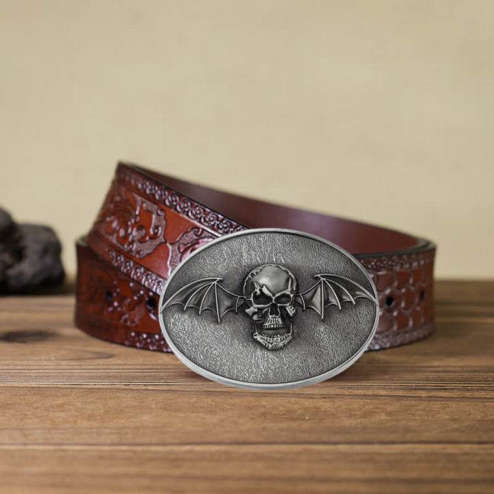 Cinturón de cuero con hebilla de calavera y alas de murciélago estilo punk para hombre