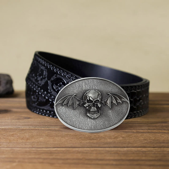 Cinturón de cuero con hebilla de calavera y alas de murciélago estilo punk para hombre