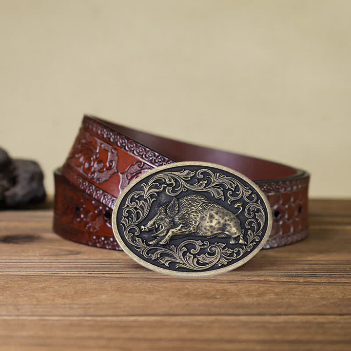 Cinturón de cuero con hebilla de jabalí para hombre, novedoso y hecho a mano