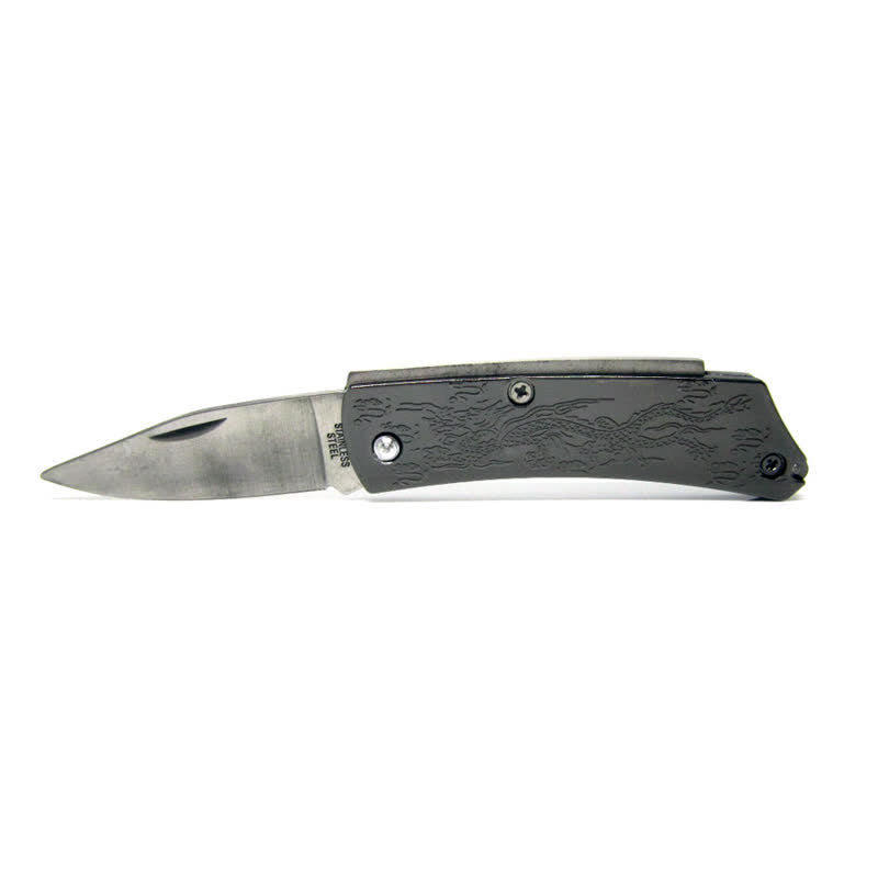 Cinturón de cuero con cuchillo plegable oculto de bronce rojo con dragón para hombre