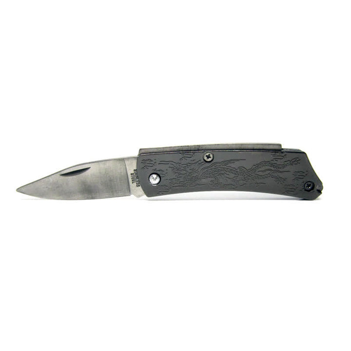 Cinturón de cuero con cuchillo plegable oculto de bronce rojo con dragón para hombre