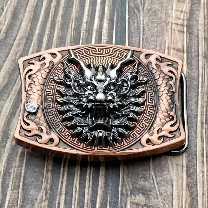 Cinturón de cuero con cuchillo plegable oculto de bronce rojo con dragón para hombre