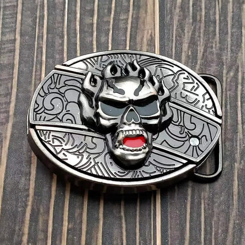 Cinturón de cuero con cuchillo plegable oculto con calavera en llamas para hombre