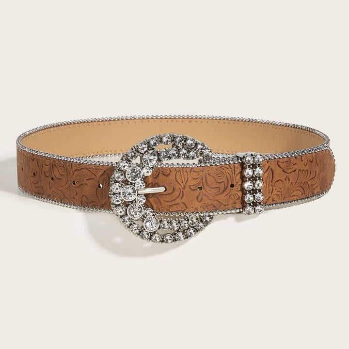 Cinturón de cuero con borde de cuentas y hebilla de diamantes de imitación redondos para mujer
