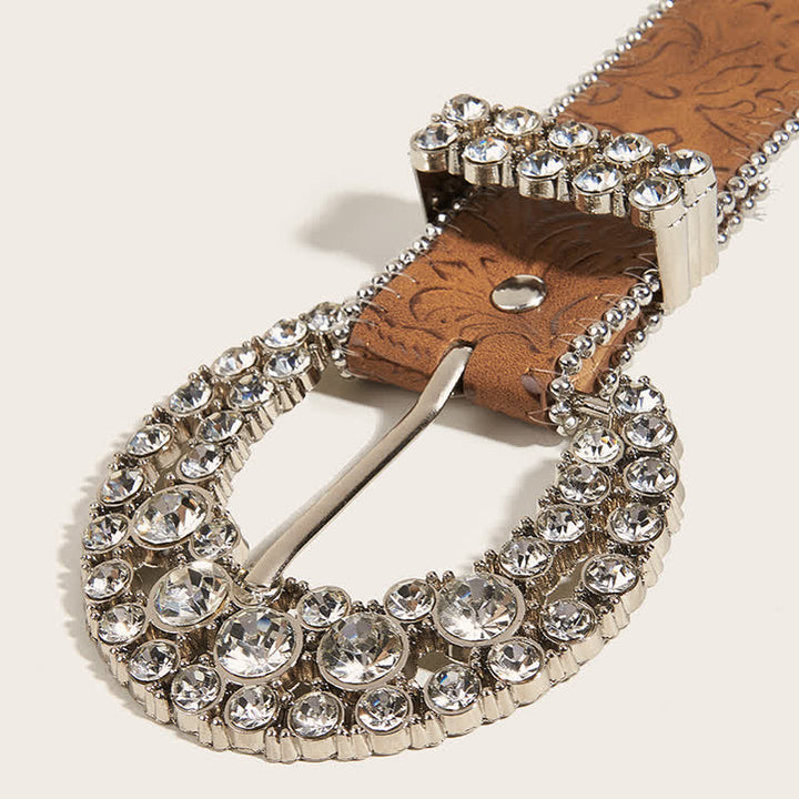 Cinturón de cuero con borde de cuentas y hebilla de diamantes de imitación redondos para mujer