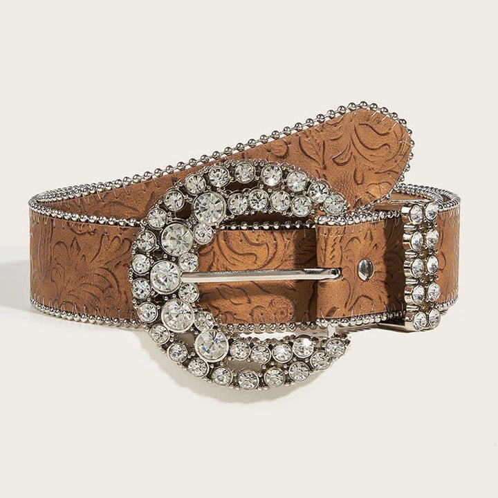 Cinturón de cuero con borde de cuentas y hebilla de diamantes de imitación redondos para mujer