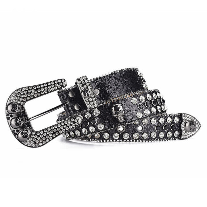 Cinturón de cuero con hebilla de calavera estilo punk para mujer con borde de cuentas