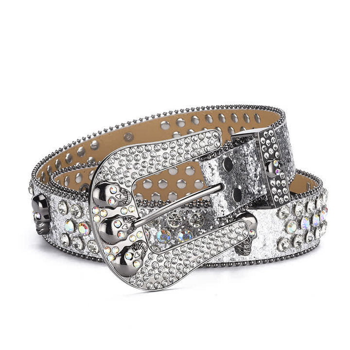 Cinturón de cuero con hebilla de calavera estilo punk para mujer con borde de cuentas