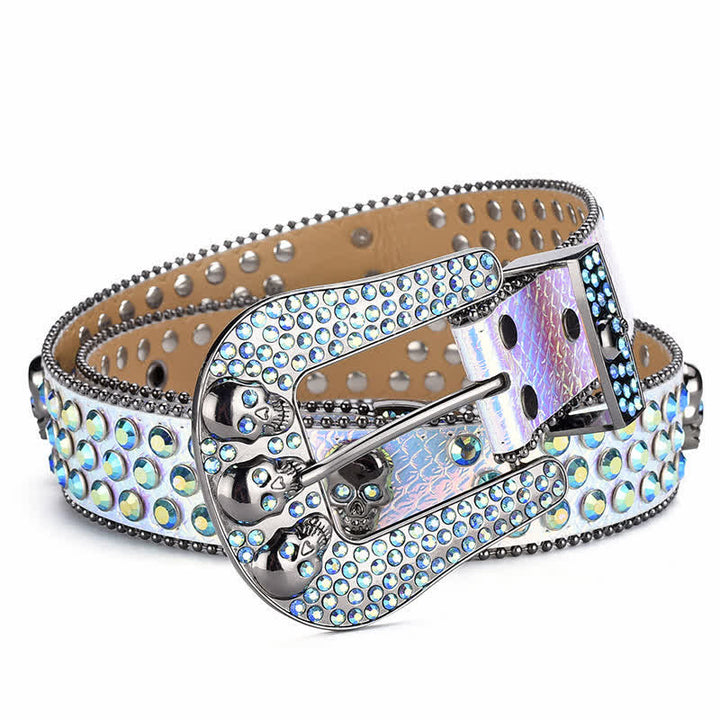 Cinturón de cuero con hebilla de calavera estilo punk para mujer con borde de cuentas