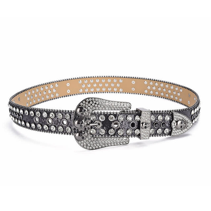 Cinturón de cuero con hebilla de calavera estilo punk para mujer con borde de cuentas