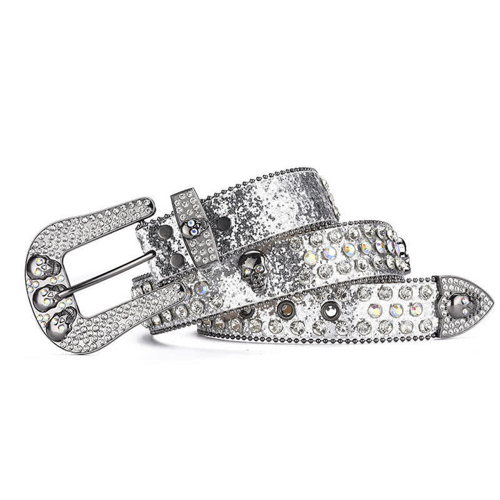 Cinturón de cuero con hebilla de calavera estilo punk para mujer con borde de cuentas