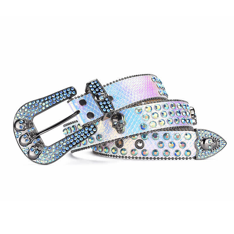 Cinturón de cuero con hebilla de calavera estilo punk para mujer con borde de cuentas