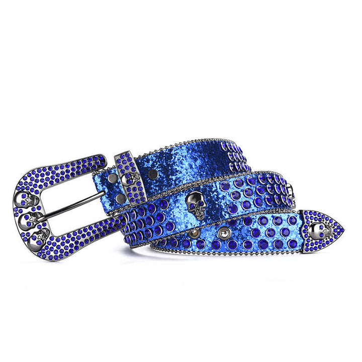 Cinturón de cuero con hebilla de calavera estilo punk para mujer con borde de cuentas