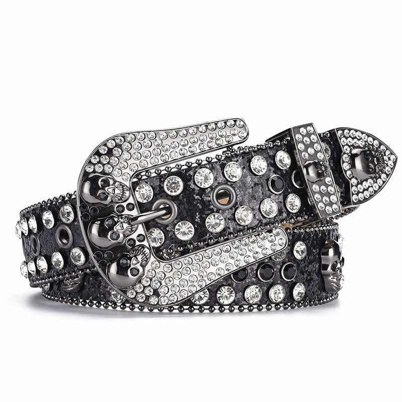 Cinturón de cuero con hebilla de calavera estilo punk para mujer con borde de cuentas