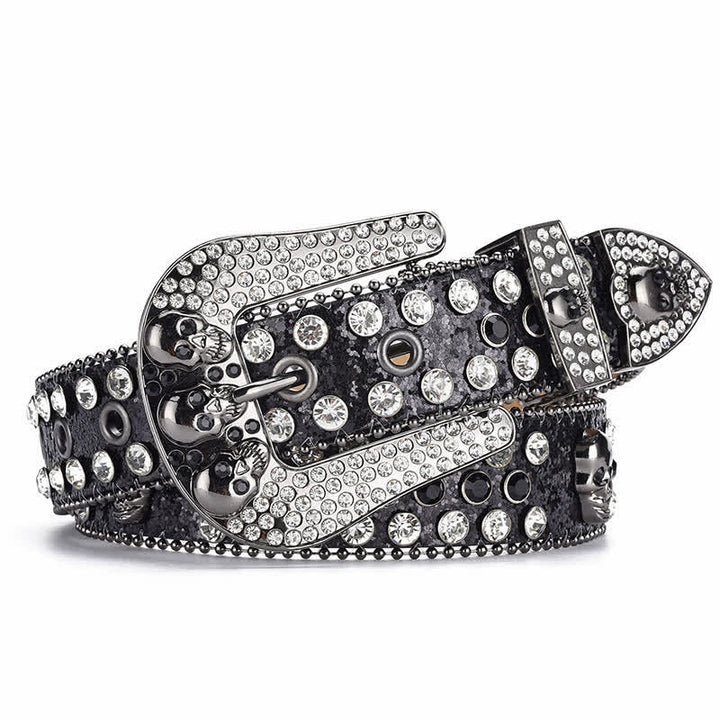 Cinturón de cuero con hebilla de calavera estilo punk para mujer con borde de cuentas