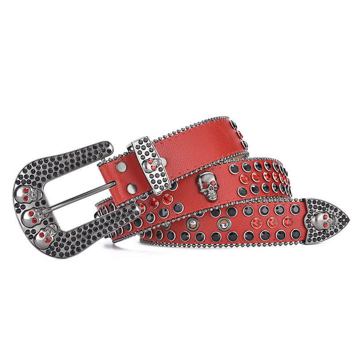 Cinturón de cuero con hebilla de calavera estilo punk para mujer con borde de cuentas