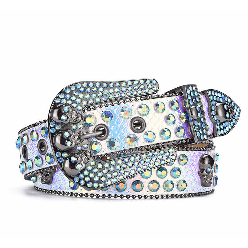 Cinturón de cuero con hebilla de calavera estilo punk para mujer con borde de cuentas