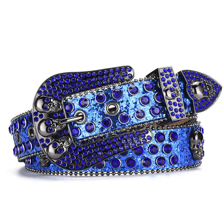 Cinturón de cuero con hebilla de calavera estilo punk para mujer con borde de cuentas