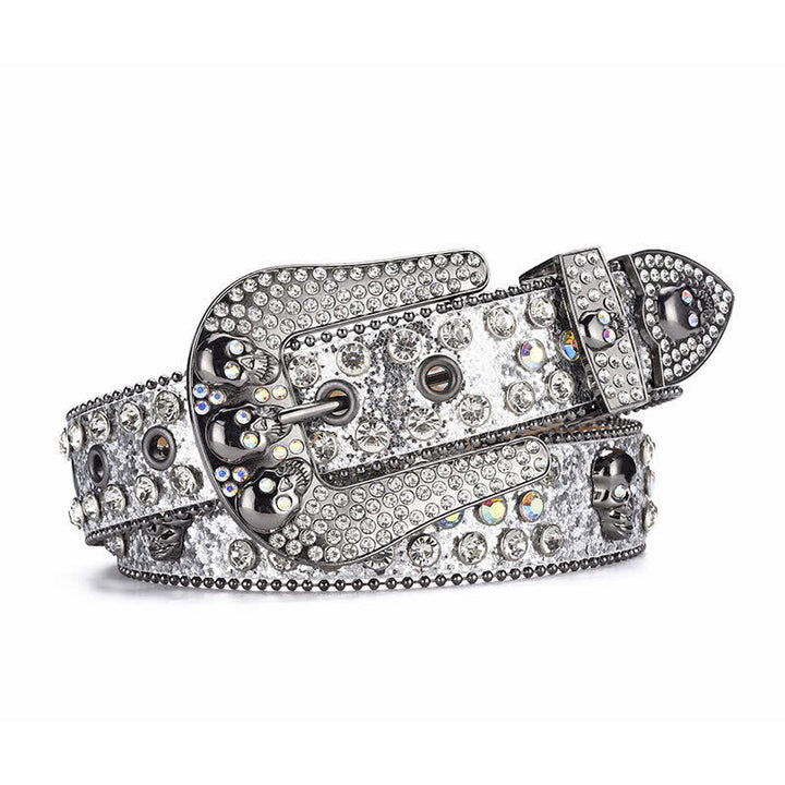 Cinturón de cuero con hebilla de calavera estilo punk para mujer con borde de cuentas