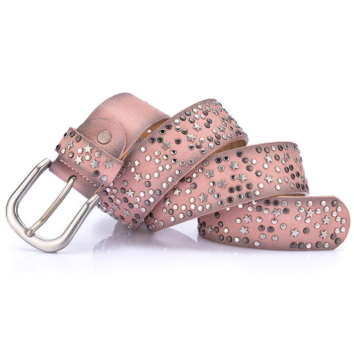Cinturón de cuero con tachuelas y remaches de noche estrellada para mujer