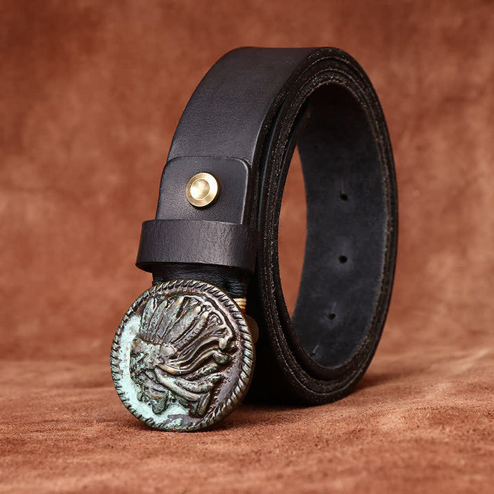 Cinturón de cuero con cabeza india envejecida vintage para hombre