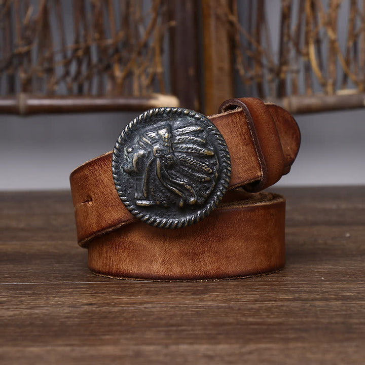 Cinturón de cuero con cabeza india envejecida vintage para hombre