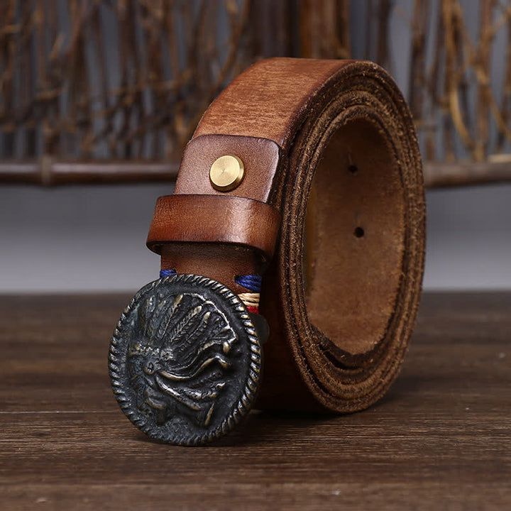 Cinturón de cuero con cabeza india envejecida vintage para hombre