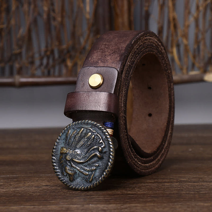 Cinturón de cuero con cabeza india envejecida vintage para hombre