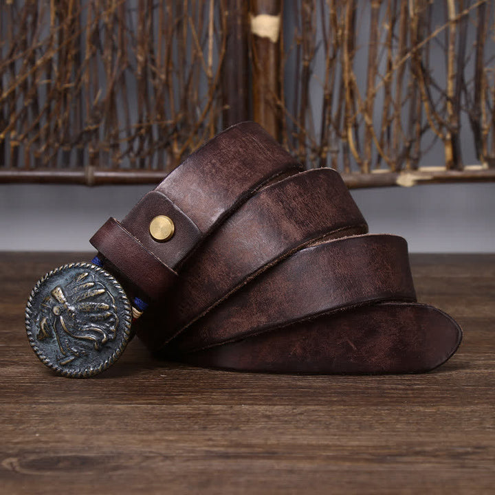 Cinturón de cuero con cabeza india envejecida vintage para hombre