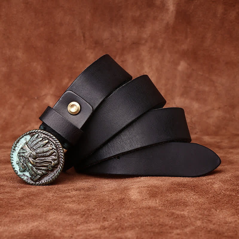 Cinturón de cuero con cabeza india envejecida vintage para hombre